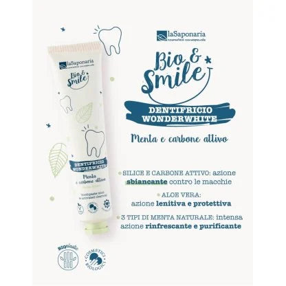 Dentifricio sbiancante WonderWhite Menta&Carbone Dentifricio sbiancante naturale e biologico a base di menta e carbone attivo. Senza fluoro.