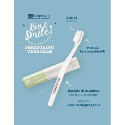 Spazzolino fibra vegetale setole morbide Spazzolino in fibra vegetale con testina intercambiabile. Setole morbide.