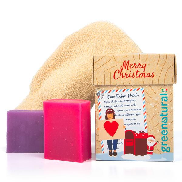 Greenatural cofanetto regalo Natale Lettera a Babbo Natale: 2 saponette + guanto cotone biologico
